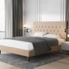 Full size Beige Linen Platform Bed Frame with Button Tufted Headboard