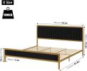 King size Gold Metal Platform Bed Frame with Black Velvet Upholstered Headboard