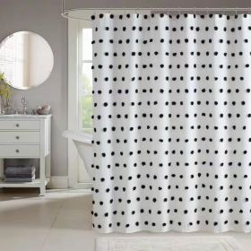 72-inch White Polyester Fabric Shower Curtain with Black Pom Pom Polka Dots