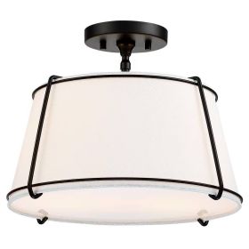 2-Light Round 15-inch White Drum Ceiling Light w/ Black Metal - Semi-Flush Mount