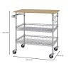 Kitchen Island Cart with Wood Top and 2 Bottom Storage Shelves on Wheels