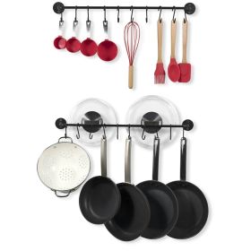 Set of 2 - Black Metal Wall Mounted Pot Rack with 20 Hanging Hooks