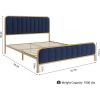 Full Gold Metal Platform Bed Frame with Navy Blue Velvet Upholstered Headboard