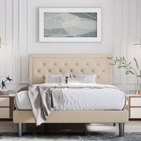 Full Size Adjustable Height Platform Bed Frame with Beige Upholstered Headboard