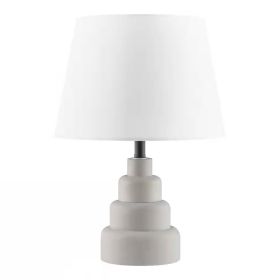 Small Grey Desk Light Table Lamp with White Fabric Shade for Bedside Nightstand