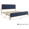 King Gold Metal Platform Bed Frame with Navy Blue Velvet Upholstered Headboard