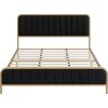 King Gold Metal Platform Bed Frame with Black Velvet Upholstered Headboard