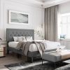 King Size Dark Grey Linen Upholstered Platform Bed with Button-Tufted Headboard