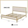 King size Gold Metal Platform Bed Frame with Beige White Upholstered Headboard