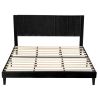 King size Modern Black Velvet Upholstered Platform Bed with Headboard