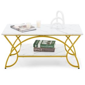 Modern White Faux Marble 2 Tier Coffee Table with Gold Finish Metal Curved Legs