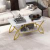 Modern White Faux Marble 2 Tier Coffee Table with Gold Finish Metal Curved Legs