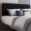 Queen Gold Metal Platform Bed Frame with Black Velvet Upholstered Headboard