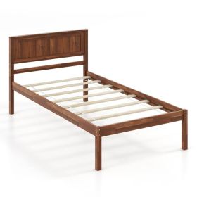 Twin Size Retro Wood Platform Bed Frame with Headboard in Walnut