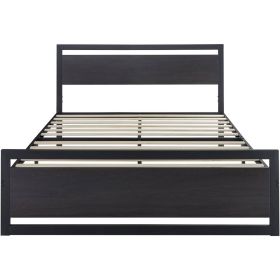 Full Black Metal Platform Bed Frame with Wood Panel Headboard and Footboard