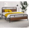 Queen Size Industrial Metal Wood Platform Bed Frame with Headboard and Footboard