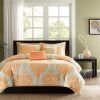 Twin size 4-Piece Orange White Damask Print Comforter Set