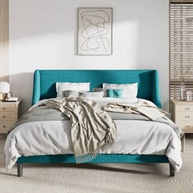 King Size Upholstered Linen Blend Headboard Wingback Platform Bed in Turquoise