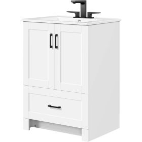 White Wood Finish Bathroom Vanity with Ceramic Sink