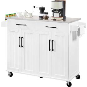 White Kitchen Cart Island with Stainless Steel Top 2 Drawers and Cabinet