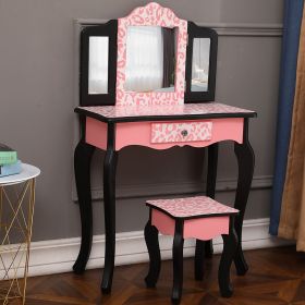 Kids Gisele Leopard Print Wooden Vanity Set with Tri-Fold Mirror Table and Chair, Pink/Black,