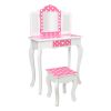 Wooden Vanity Set with Tri-Fold Mirror and Chair Table & Stool Set, Pink/White  YJ