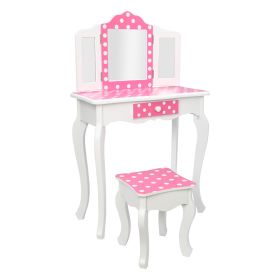 Wooden Vanity Set with Tri-Fold Mirror and Chair Table & Stool Set, Pink/White  YJ