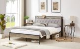 Bed frame with charging station full size,Grey, 87.8'' L x 61.8'' W x 39.2'' H.