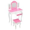 Wooden Vanity Set with Tri-Fold Mirror and Chair Table & Stool Set, Pink/White  YJ