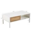 40.16" Rattan Coffee table, sliding door for storage, metal legs, Modern table for living room , white