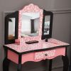 Kids Gisele Leopard Print Wooden Vanity Set with Tri-Fold Mirror Table and Chair, Pink/Black,