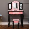 Kids Gisele Leopard Print Wooden Vanity Set with Tri-Fold Mirror Table and Chair, Pink/Black,