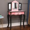 Kids Gisele Leopard Print Wooden Vanity Set with Tri-Fold Mirror Table and Chair, Pink/Black,