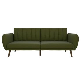 Green Linen Upholstered Futon Sofa Bed with Mid-Century Style Wooden Legs